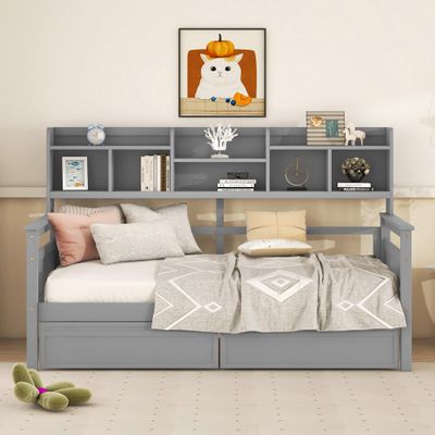 XD Designs Twin Size Daybed, Wood Daybed Frame with Bedside Storage Shelf and 2 Drawers, No Box Spring Needed (Grey-at)