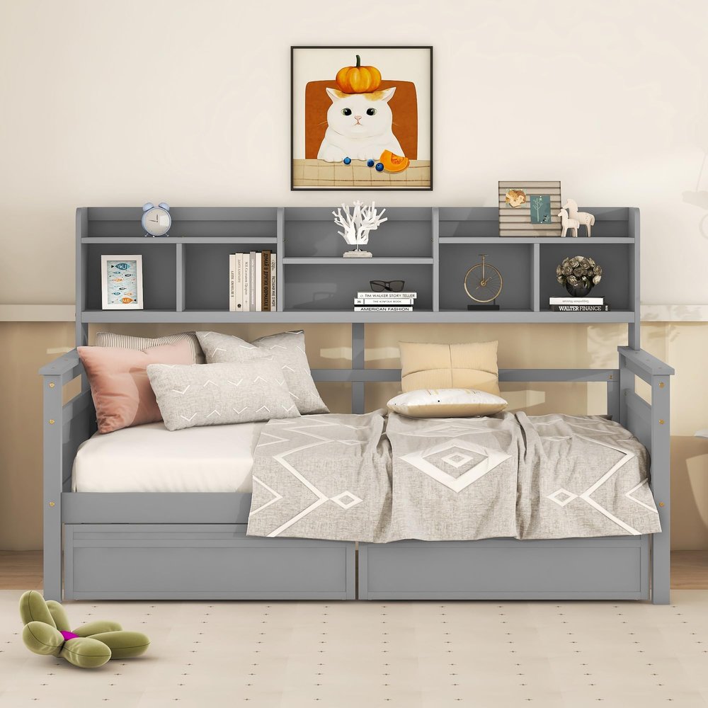XD Designs Twin Size Daybed, Wood Daybed Frame with Bedside Storage Shelf and 2 Drawers, No Box Spring Needed (Grey-at)
