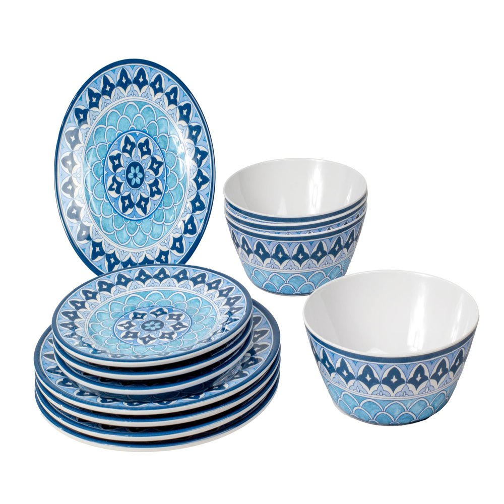 Abode Homewares Blue Fontana 12-Piece Melamine Dinnerware Set, 4 Dinner Plates, 4 Salad Plates, 4 Bowls, Dishwasher Safe, Durable