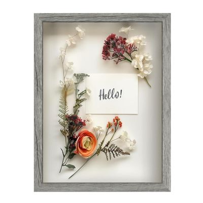 FrameWorks 12x16 Driftwood Wooden Shadow Box Frame  Soft Felt Back, Tempered Glass, and Included Elegant White Ball Push Pins