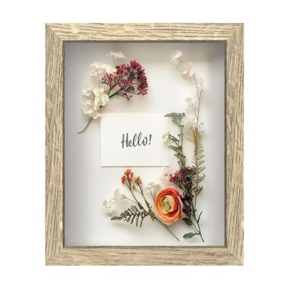 FrameWorks 8x10 Driftwood Wooden Shadow Box Frame  Soft Felt Back, Tempered Glass, and Included Elegant White Ball Push Pins