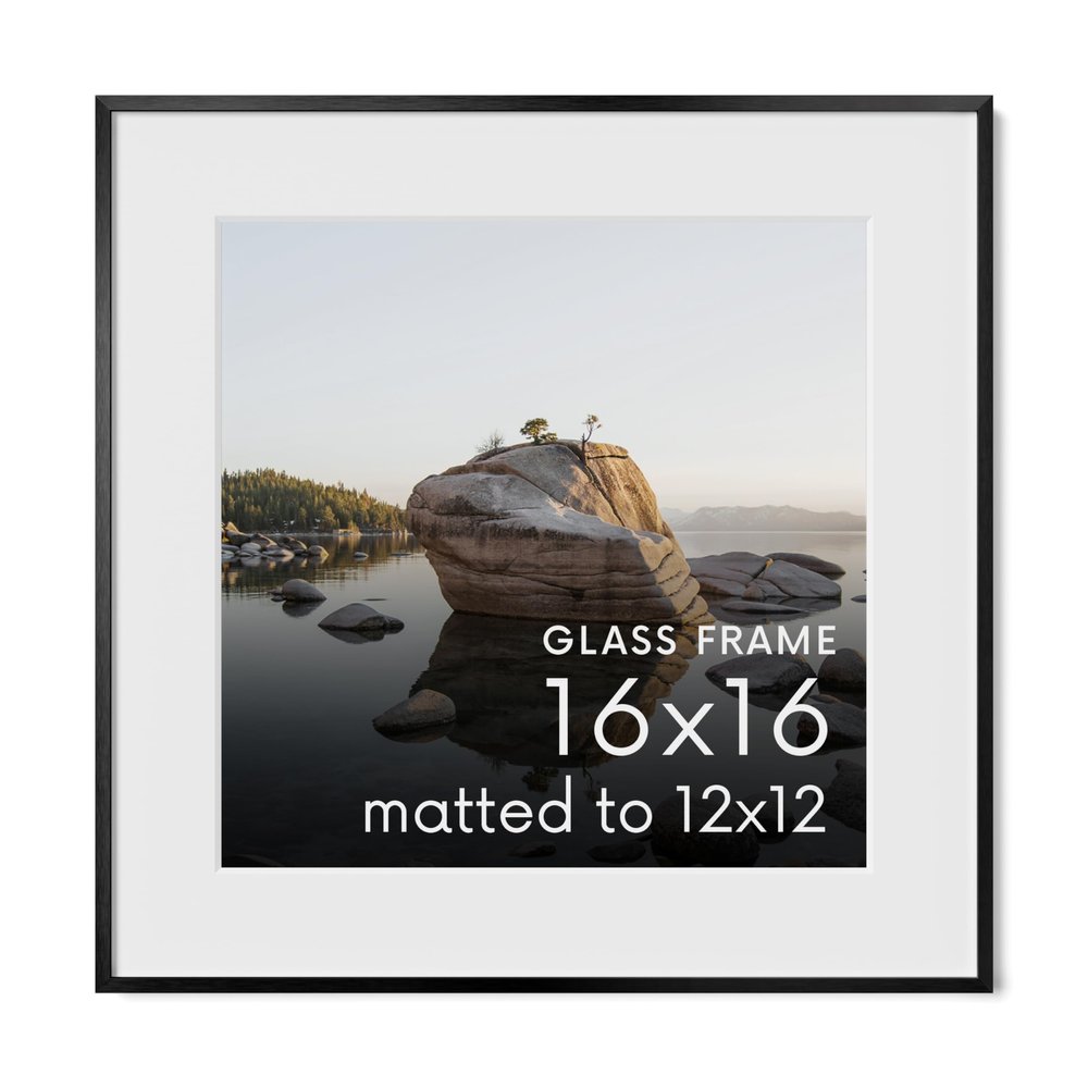 HAUS AND HUES 16x16 Picture Frame with Real Glass & Black Premium-Grade Metal Matted to 12x12 - Aluminum Glass Picture Frame - Includes Hanging Kit - Ideal for Home, Office (16x16 in, Black)