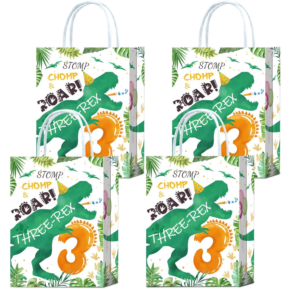16Pcs Dino Age 3 Birthday Party Bags for T. Rex Themed Favors, Perfect for Precious Mother's Gatherings, Dinosaur Treat Bags for Birthday Celebrations