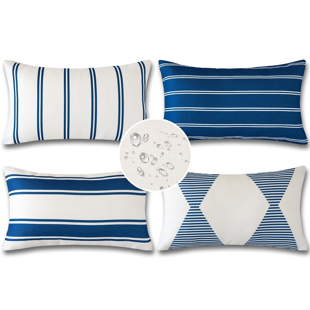 OTOSTAR Outdoor Decorative Pillow Covers Waterproof Garden Throw Pillow Covers 12x20 Inch Cushion Case Geometry Pillowcases Pillows Shell for Patio Furniture Couch Tent Balcony Pack of 4 (Navy Blue)