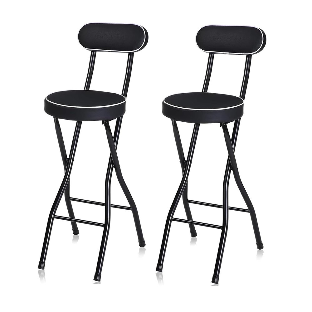 2Pcs Adults Folding Bar Stools, Round Stools with Backrest, Tall Chair for Camping/Office/Living Room/Bathroom/Garden (Color : Black, Size : Seat Height 70cm (27.5inch))