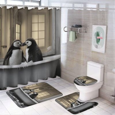 SOPIYRIO 4-Piece Cute Penguin Shower Curtain Set, Fun Animal Print Bathroom Decor Includes Shower Curtain, Bath Mats & Toilet Lid Cover, Bathroom Set