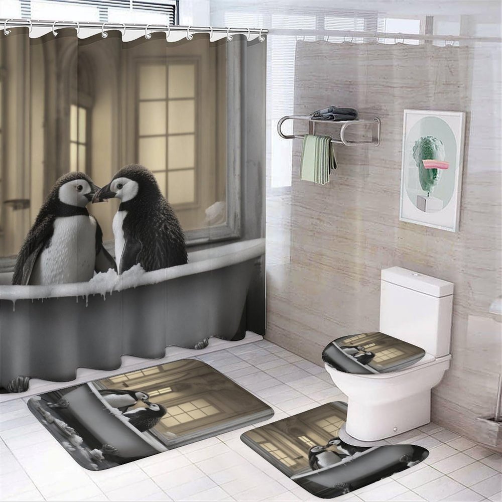 SOPIYRIO 4-Piece Cute Penguin Shower Curtain Set, Fun Animal Print Bathroom Decor Includes Shower Curtain, Bath Mats & Toilet Lid Cover, Bathroom Set