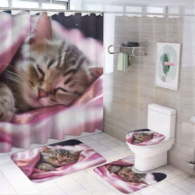 SOPIYRIO 4 Pcs Pink Bed Cat Shower Curtain Set with Non-Slip Rug, Toilet Lid Cover, Bath Mat Modern Sleeping Animal Shower Curtain with 12 Hooks for Bathroom Decor