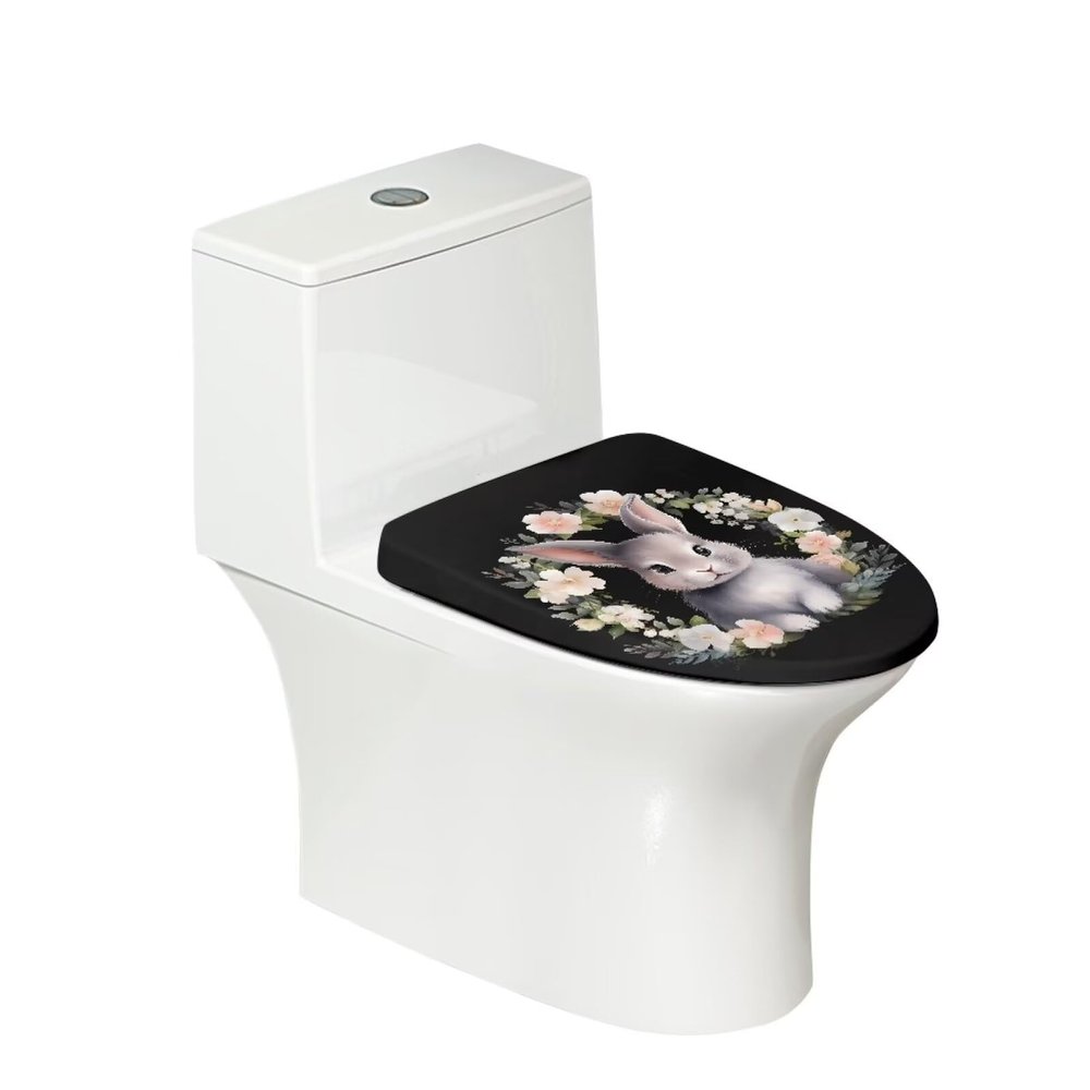 Babrukda Easter Rabbit Print Toilet Lid Cover Pad with Elastic Edge for Adjustment, Bathroom Toilet Accessories Washable Oblong Toilet Seat Cushion Non-slip