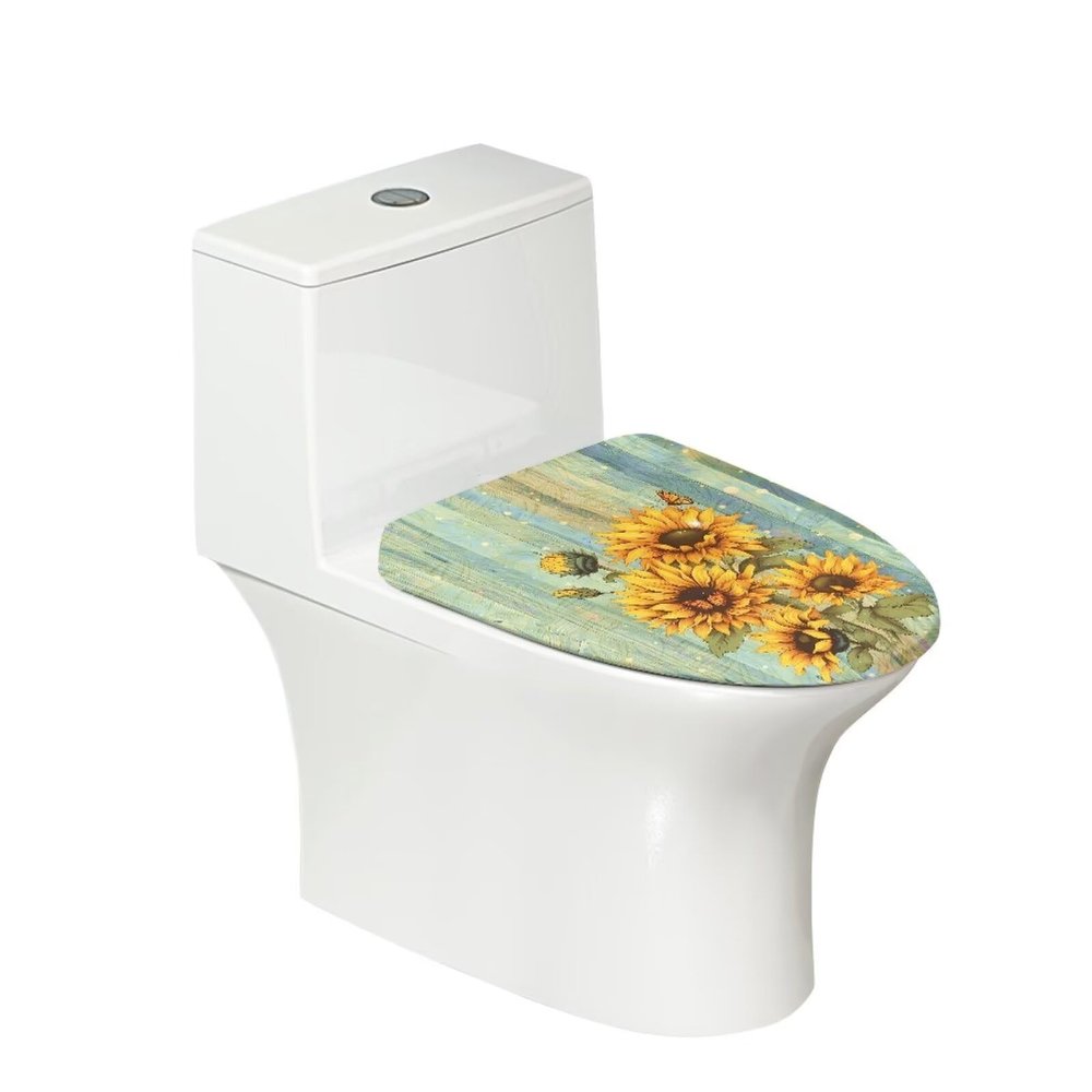 Babrukda Sunflower Plank Print Toilet Lid Cover Bathroom Accessories Fit Most Round Oblong Toilet Seat, Washable Non-slip Stay in Place Toilet Lid Cushion
