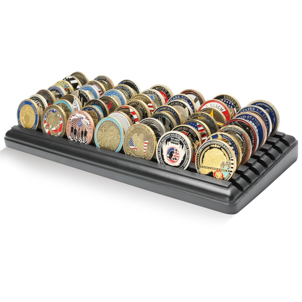 DecoWoodo 7 Rows Challenge Coin Display Stand Solid Wood Military Coin Holder Case Army Coin Rack Holds 49 Coins, Black Finish