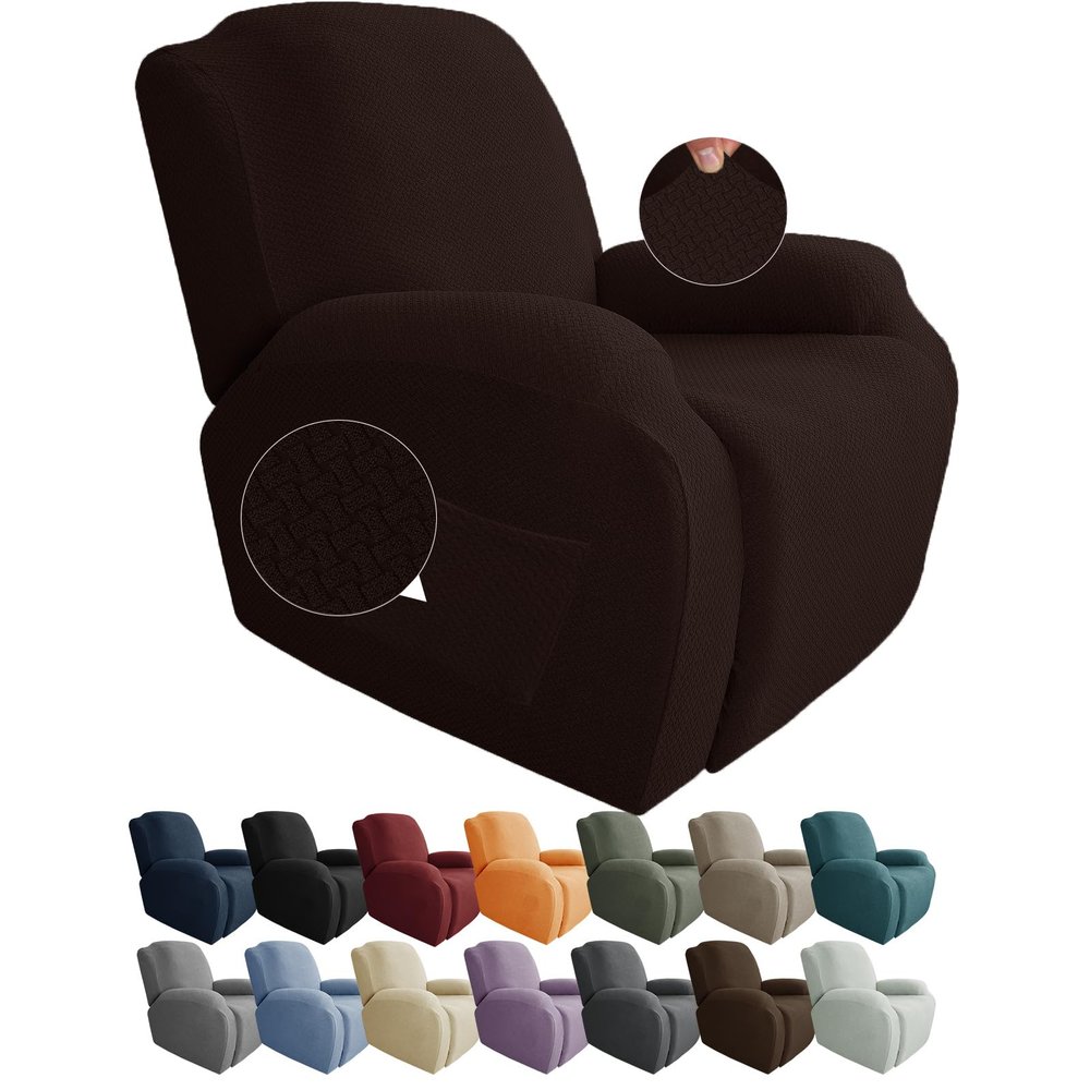 JIVINER Oversized Recliner Chair Covers 4 Piece Stretch Lazy Boy Recliner Sofa Slipcover Jacquard Large Recliner Covers with Elastic Bottom Soft Furniture Protector (XL Recliner,Dark Coffee)