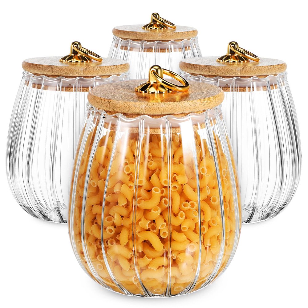 Healeved Glass Canisters with Airtight Lids 4-Pack 5.3 Inch Petal Jars for Food Storage Kitchen Pantry Spice Tea and Honey Containers