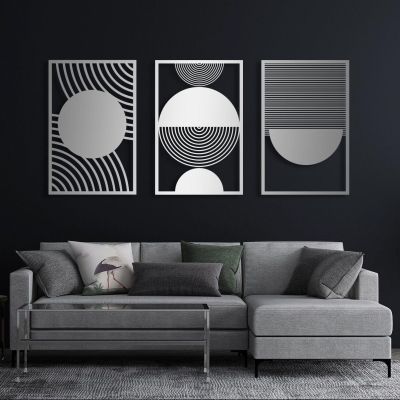Boho Metal Wall Art, Metal Line Art Wall Decor, Geometric Metal Wall Art, Metal Minimalist Wall Art, Modern Abstract Metal Wall Art, Large Metal Wall Art for Bedroom Bathroom Living Room (19"x12" | 47x30.5 cm x 3 pcs, Silver)