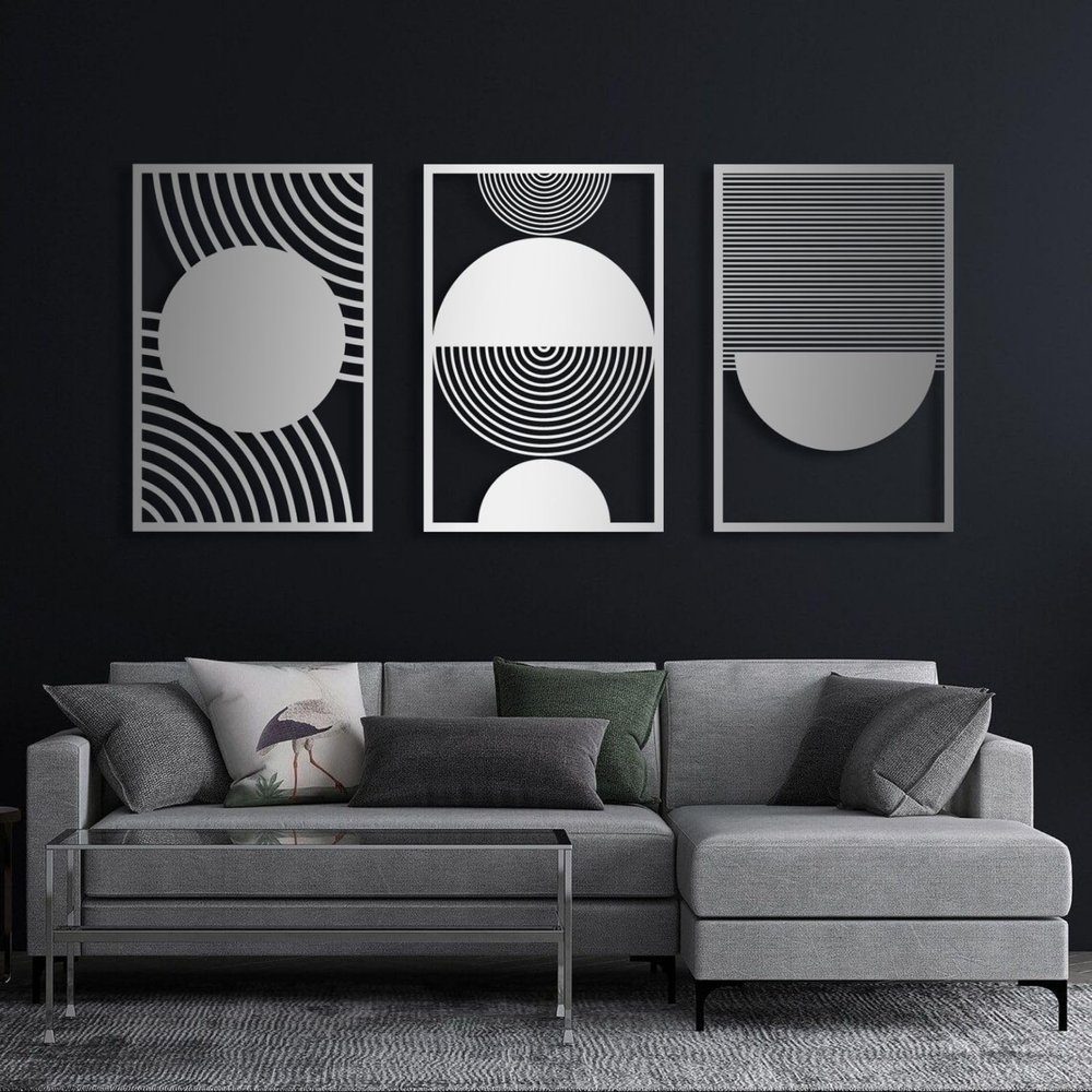 Boho Metal Wall Art, Metal Line Art Wall Decor, Geometric Metal Wall Art, Metal Minimalist Wall Art, Modern Abstract Metal Wall Art, Large Metal Wall Art for Bedroom Bathroom Living Room (19"x12" | 47x30.5 cm x 3 pcs, Silver)