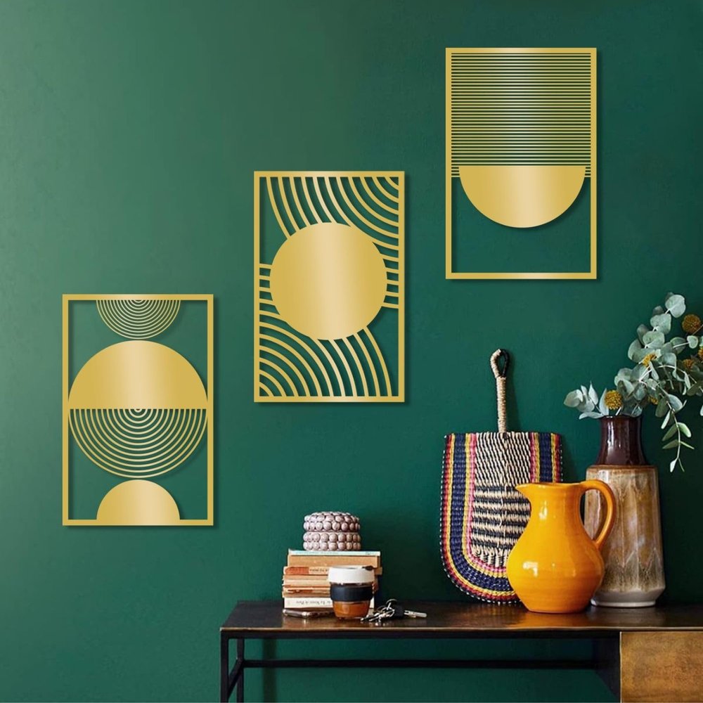Boho Metal Wall Art, Metal Line Art Wall Decor, Geometric Metal Wall Art, Metal Minimalist Wall Art, Modern Abstract Metal Wall Art, Large Metal Wall Art for Bedroom Bathroom Living Room (19"x12" | 47x30.5 cm x 3 pcs, Gold)