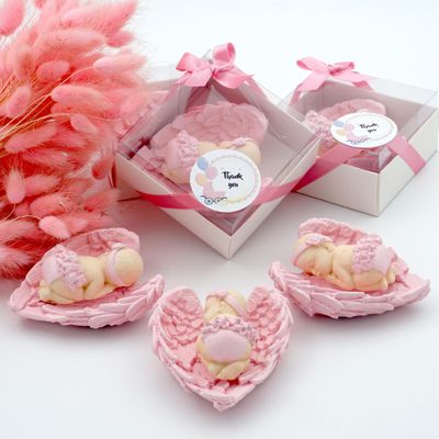 giftupstore Pink Baby Shower Favor Set, 16 Stone Angel Magnets with Wings, Girl boy Gender Reveal Thank You Tags, Baptism & Communion Favors (Pink)