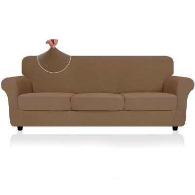 2026 Striped XL-Sofa Cover 4 Piece (91"-110"), Thick Stretch Couch Covers for 3 XL Cushion Sofa with Non-Slip Elastic Band & Bottom Ties Stay in Place, Soft Durable Oversied Slipcovers, Light Coffee