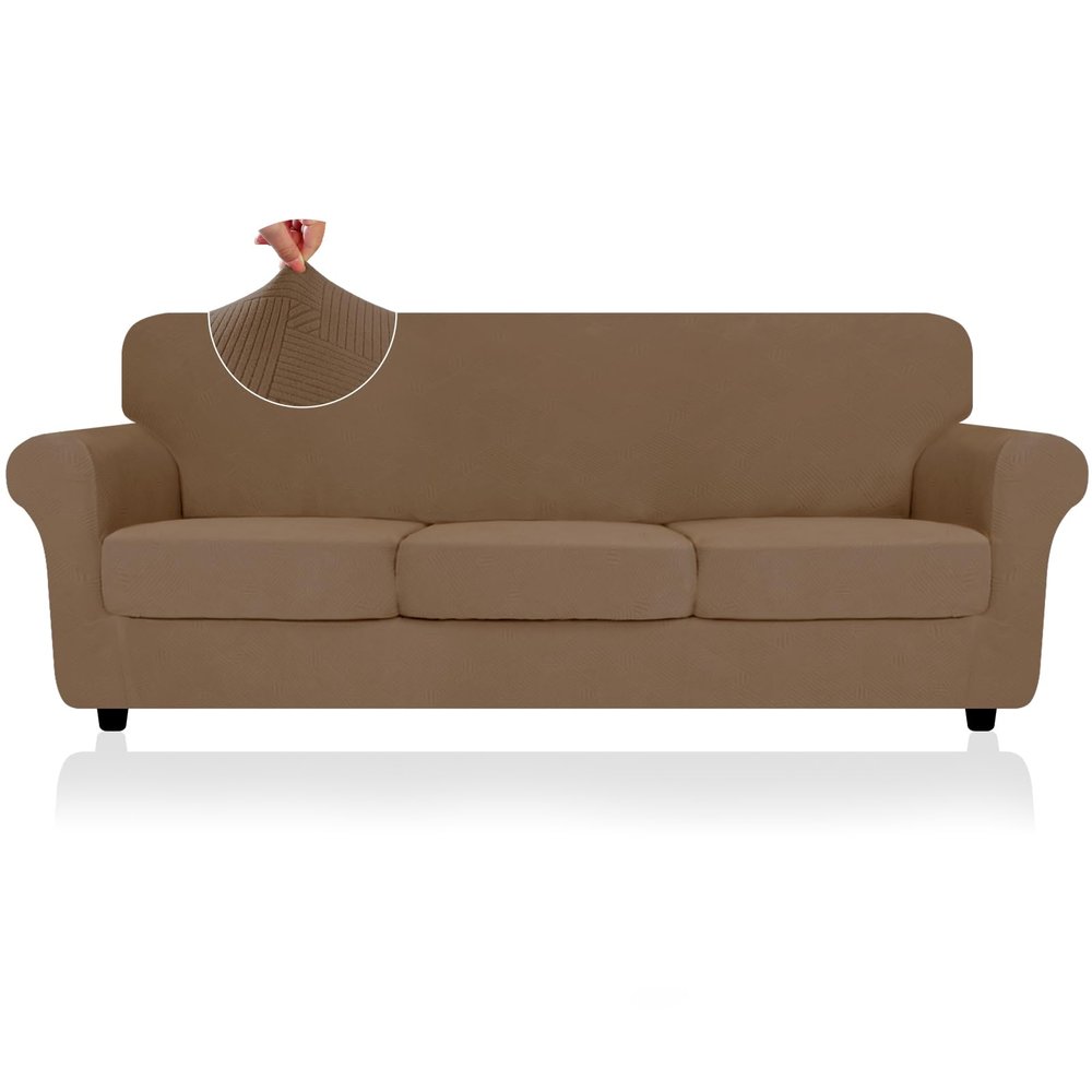 2026 Striped XL-Sofa Cover 4 Piece (91"-110"), Thick Stretch Couch Covers for 3 XL Cushion Sofa with Non-Slip Elastic Band & Bottom Ties Stay in Place, Soft Durable Oversied Slipcovers, Light Coffee