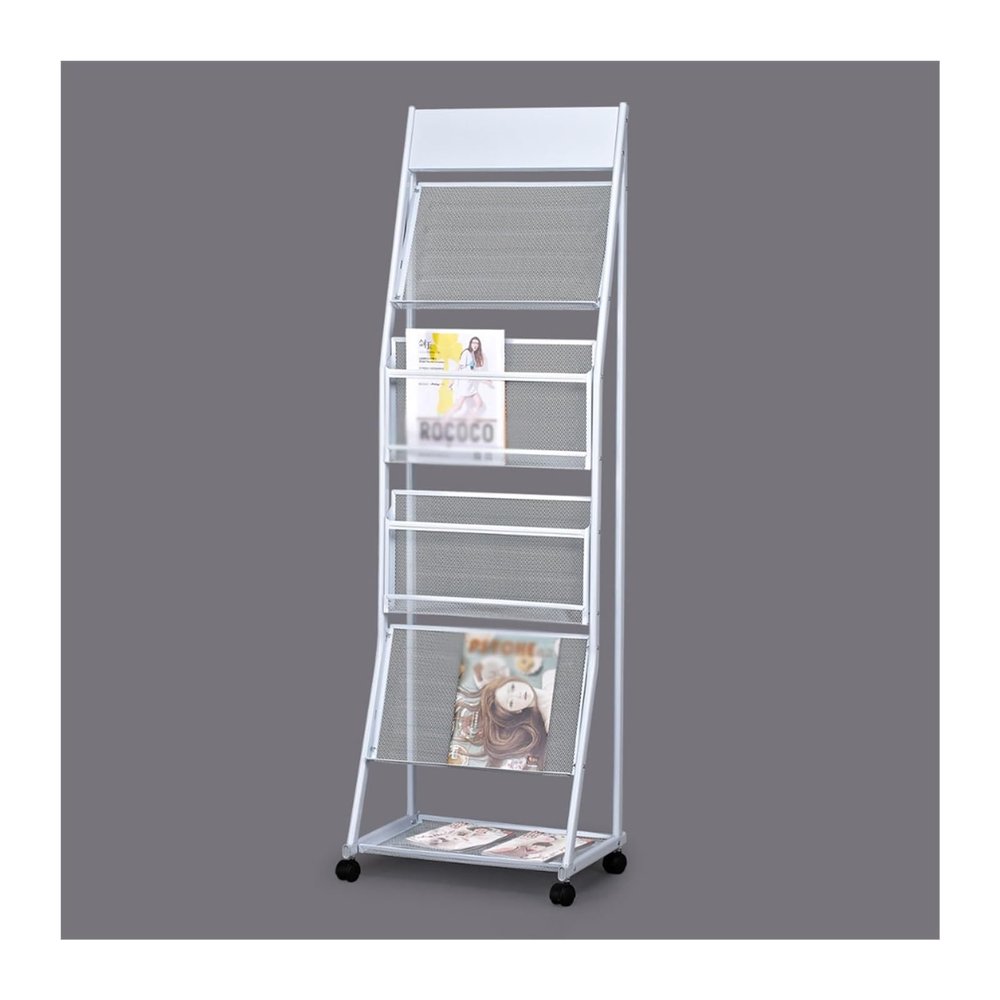 House Magazine Rack Magazine Stand Magazine Holder Floor-Standing Brochure Stand, Information Display Stand with Wheels, Magazine Rack with 4 Pockets, Newspaper Stand Easy to Move Floor Standing