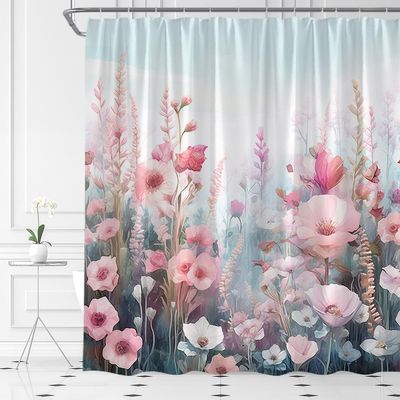 ABONAN Colorful Flowers Shower Curtain Watercolour Floral Spring Pink Wildflower Romantic Plants Butterfly Pretty Nature Scenery Fabric Bathroom Decor Set with Hooks(59" Wx70 H)