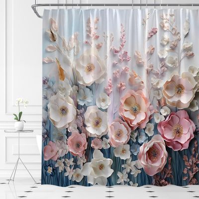 ABONAN Colorful Flowers Shower Curtain Pink Floral Spring Watercolour Flower Wildflower Plants Butterfly Pretty Romantic Nature Scenery Fabric Bathroom Decor Set with Hooks(47" WX70 H)