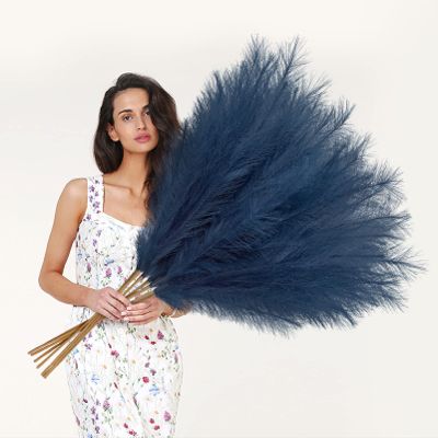 Ouddy Decor 8 Pcs Faux Pampas Grass Decor 38''/97cm Tall Artificial Large Pompous Pompas Floral Fluffy Fake Plants Floor Vase Filler for Wedding Kitchen Home Boho Decorations, Blue