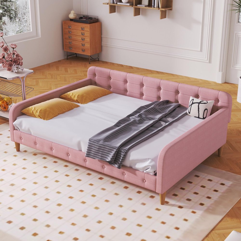 Modern Linen Upholstered Daybed with 4 Support Legs, Full Size Button Tufted Sofa Daybed Frame with Wood Slats Support for Bedroom Living Room Guest Room, No Box Spring Needed (Rubine-01, Full)