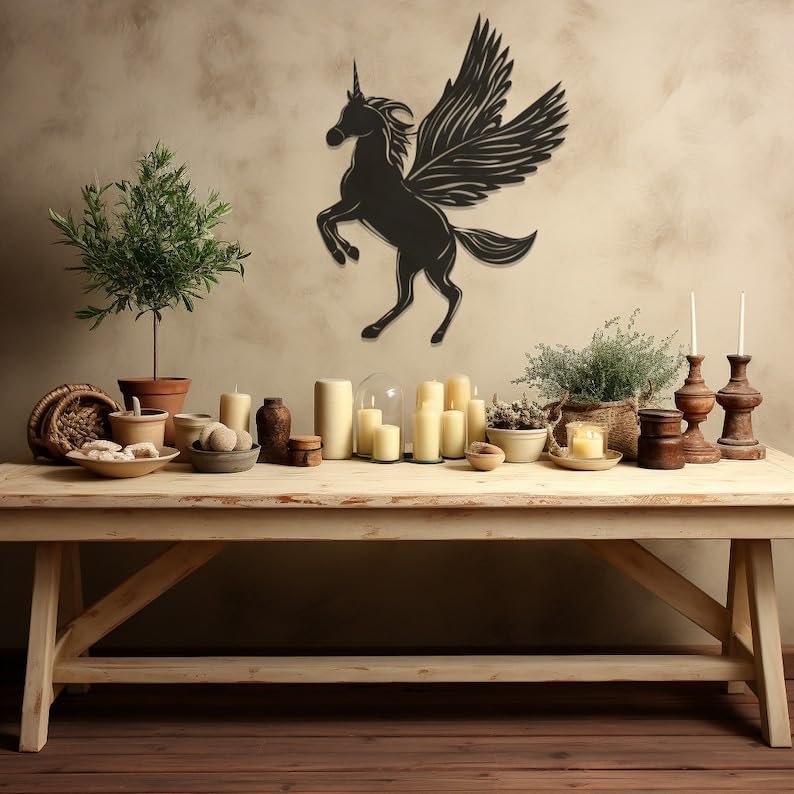 LaModaHome Magical Unicorn Wall Art, Mid Flight Design Metal Decor, Enchanted Flying Unicorn, Unique Home Accent, Kids Room Decoration,Gift - 7.9"x10.2"/20x26cm