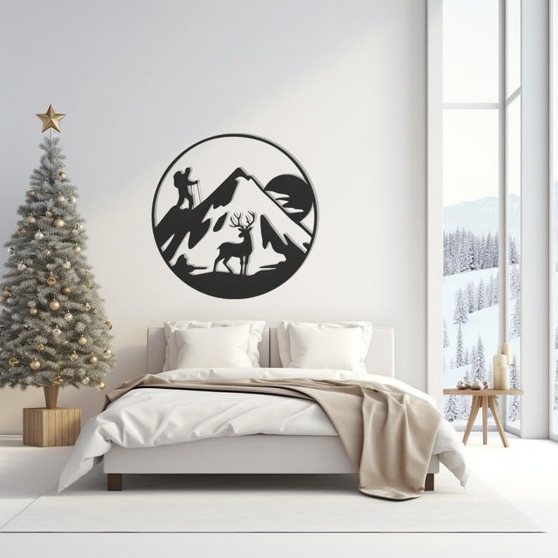 LaModaHome Rustic Mountain Scene Metal Wall Art, Outdoor Nature Inspired Decor, Sports Enthusiast Cabin Accent, Handmade Wilderness Home Decoration - 19.7"x25.6"/50x65cm