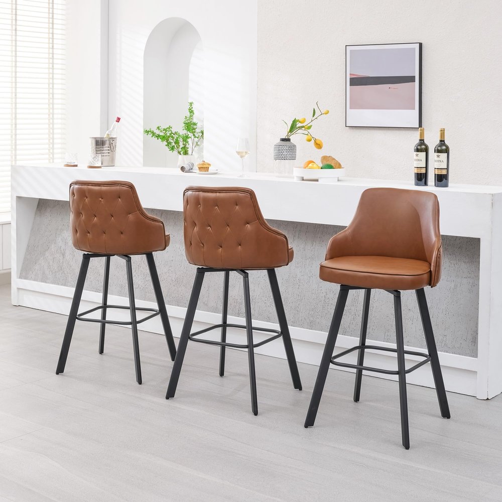 FIRAVOE Bar Height Stool Set, High Back Faux Leather Kitchen Bar Stools, Dark Brown (3PCS 30" Bar Stools)