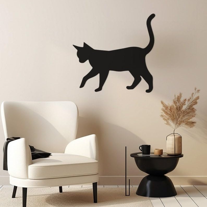 LaModaHome Feline Silhouette Metal Wall Art for Living Room, Office - Chic Indoor Decor, Minimalist Black Cat Cutout, Modern Home Accent, Metal Decor - 23.6"x23.6"/60x60cm