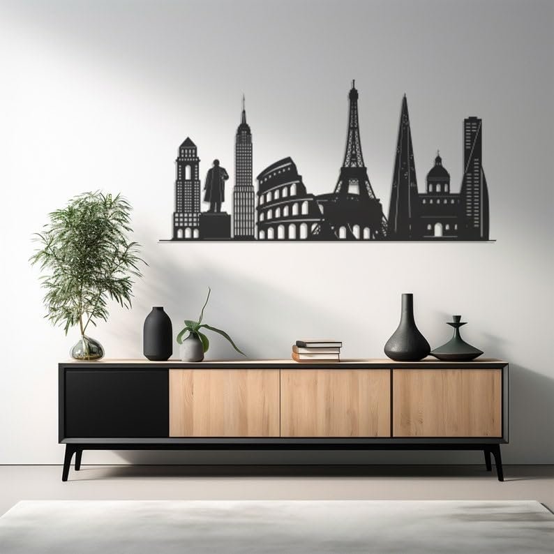 LaModaHome Modern Big City Metal Wall Art, Paris Design Decor, Unique Large Eiffel Tower Hanging, Urban Chic Steel Home Artwork, Stylish Loft Accent - 7.9"x16.5"/20x42cm