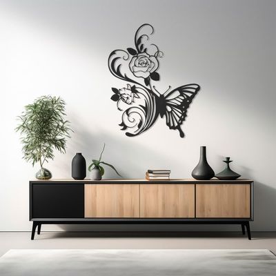 LaModaHome Floral Butterfly Metal Wall Art for Lounge, Chic Monochrome Decor, Romantic Nature Themed Home Accent, Contemporary Botanical Artwork - 23.6"x28.3"/60x72cm