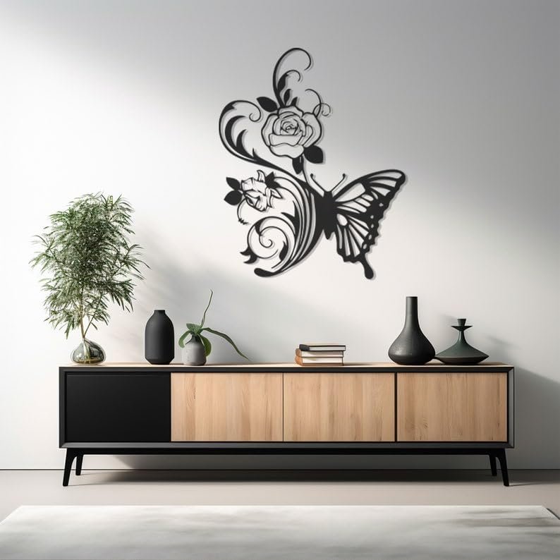 LaModaHome Floral Butterfly Metal Wall Art for Lounge, Chic Monochrome Decor, Romantic Nature Themed Home Accent, Contemporary Botanical Artwork - 23.6"x28.3"/60x72cm