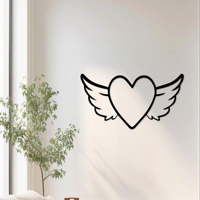 LaModaHome Winged Heart Metal Wall Art for Romantic Decor, Bedroom - Love Symbol, Angelic Home Accent, Spiritual Living Space, Matte Metal Decor - 13.8"x34.4"/35x87.5cm