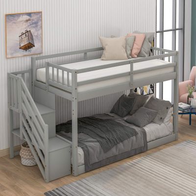 SOFTSEA Twin Over Twin Low Bunk Bed for Kids, Floor Bunk Beds Frame with Guardrail, Wood Slats and No Box Spring Needed