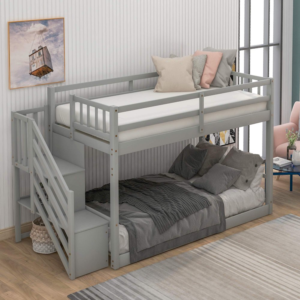 SOFTSEA Twin Over Twin Low Bunk Bed for Kids, Floor Bunk Beds Frame with Guardrail, Wood Slats and No Box Spring Needed