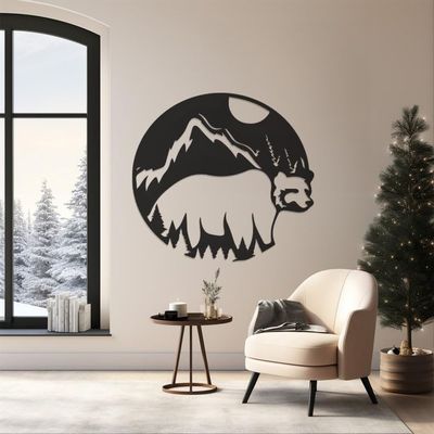 LaModaHome Rustic Bear Pattern Wall Art, Durable Metal Decor, Christmas Gift, Unique Animal Design Home Decoration, Nature Inspired - 23.6"x23.6"/60x60cm