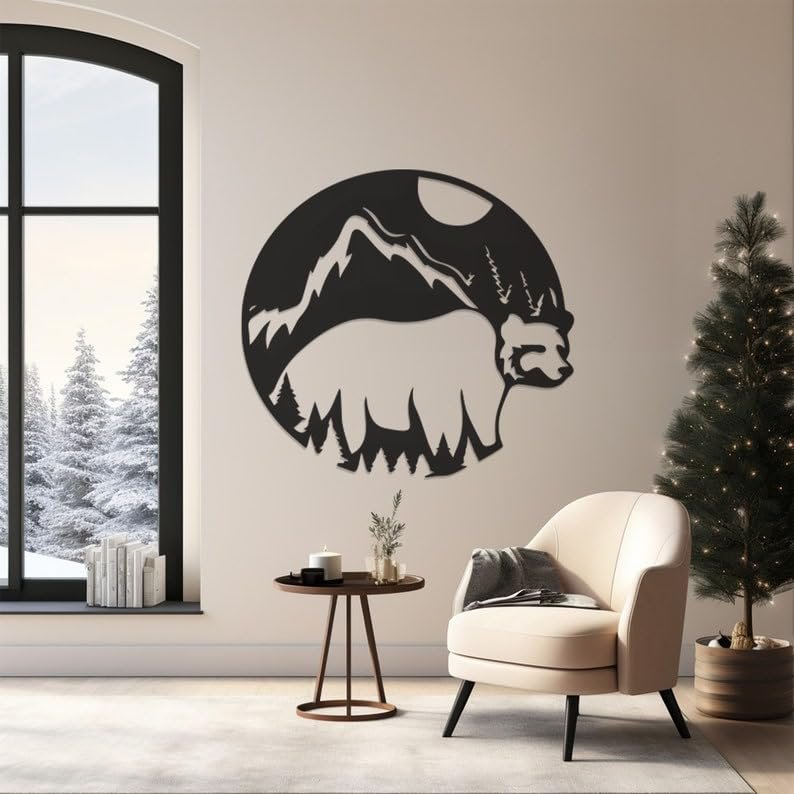LaModaHome Rustic Bear Pattern Wall Art, Durable Metal Decor, Christmas Gift, Unique Animal Design Home Decoration, Nature Inspired - 23.6"x23.6"/60x60cm