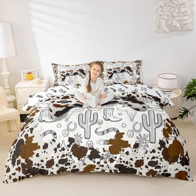 Video Game Kids Duvet Cover Set Twin Size,Gaming Gamepad Cow Skin Cowhide Bedding Set,Boys Girls Men Room Decor,Western Cowboy Cow Skull Comforter Cover,Brown Rustic Retro Quilt Cover,1 Pillowcase