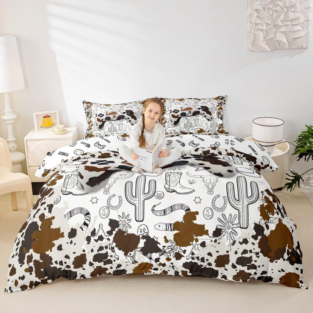 Video Game Kids Duvet Cover Set Twin Size,Gaming Gamepad Cow Skin Cowhide Bedding Set,Boys Girls Men Room Decor,Western Cowboy Cow Skull Comforter Cover,Brown Rustic Retro Quilt Cover,1 Pillowcase