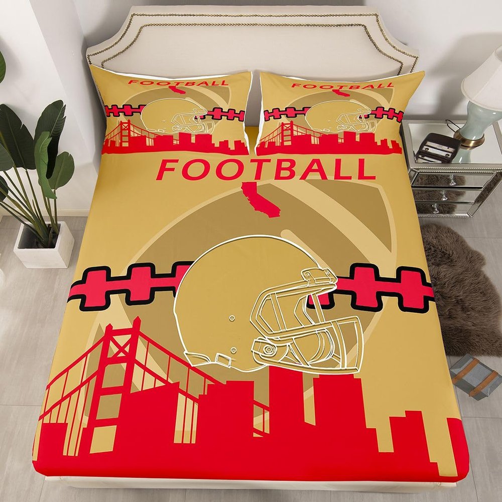Erosebridal Football Fitted Sheet Queen - Football Bed Set with 2 Pillow Shams, Red Yellow - No Top Sheet