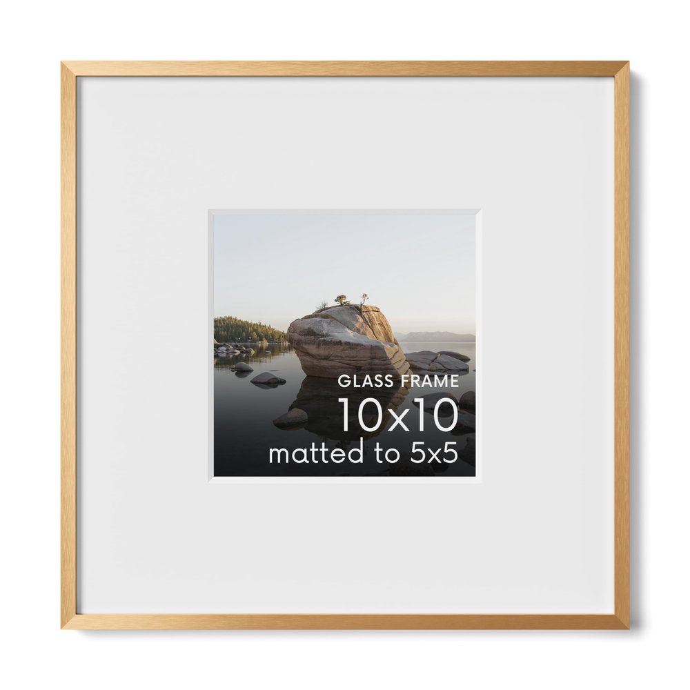 HAUS AND HUES 10x10 Picture Frame with Real Glass & Brass Premium-Grade Metal Matted to 5x5 - Aluminum 10x10 Frame - Includes Hanging Kit - Ideal for Home, Office (10x10 in, Brass)