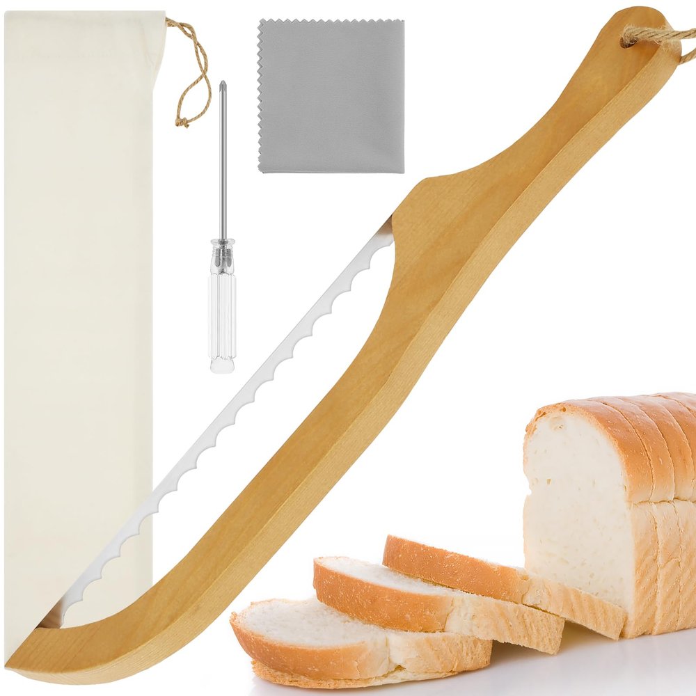 Bread Cutter, 15.7" Bread Bow Saw for Slicing, Bread Slicer Serrated Sourdough Bread Saw with Easy Grip Handle Multi-Purpose Bread Cutter for Homemade Bagels Bread Baguettes Serrated(natrualgrain)