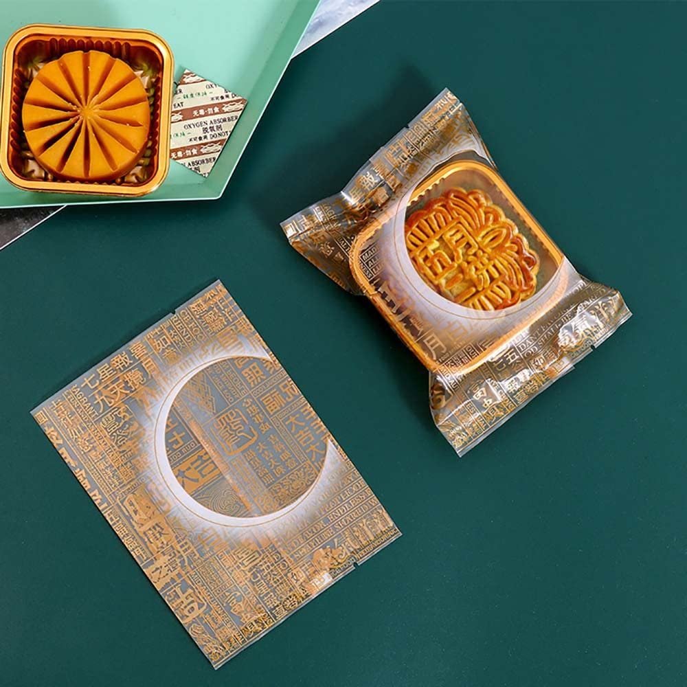 100pcs Mooncake Plastic Bags Hot Seal Cookie Candy Container Handmade Moon Cake Packaging Bag for Party Decor(10x13.5cm-Gold Text)
