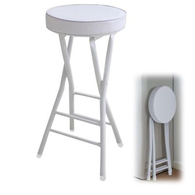 Padded Round Stool - Backless 24Inch Portable Folding Bar Stool, Modern Fashion Metal Foldable Stool, Counter Height Stools with Capacity 125KG/275Lbs (Color: White)(1Pc)