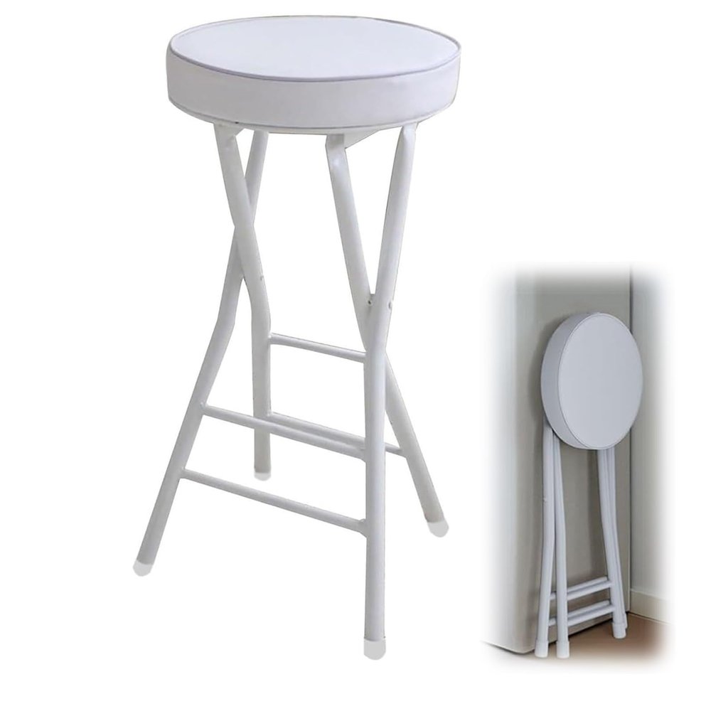 Padded Round Stool - Backless 24Inch Portable Folding Bar Stool, Modern Fashion Metal Foldable Stool, Counter Height Stools with Capacity 125KG/275Lbs (Color: White)(1Pc)