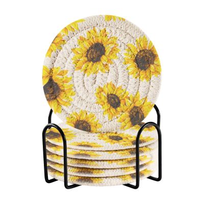 Aflyko Spring Coasters for Drink Sunflower Cute Coaster Set with Metal Holder Cotton Woven Coaster for Coffee Table Bistro Home Kitchen Island Housewarming Gift 6 Pack