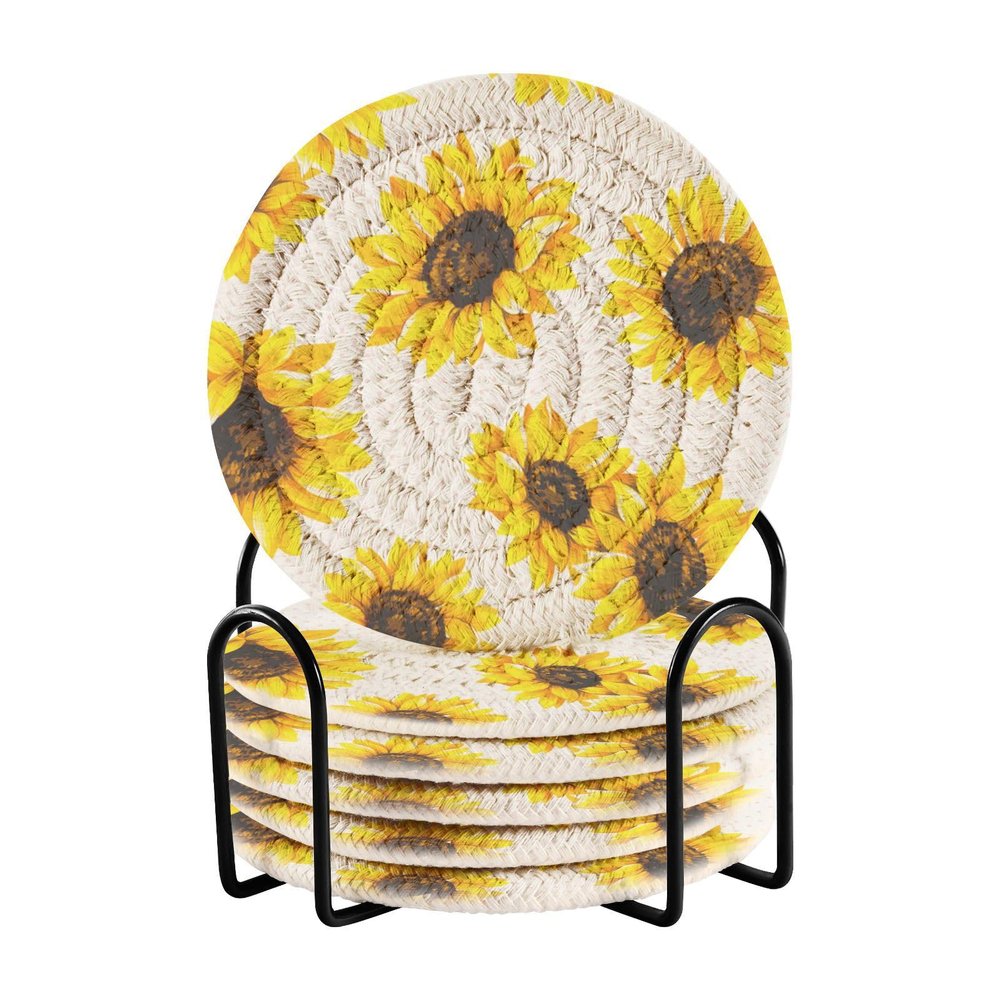 Aflyko Spring Coasters for Drink Sunflower Cute Coaster Set with Metal Holder Cotton Woven Coaster for Coffee Table Bistro Home Kitchen Island Housewarming Gift 6 Pack